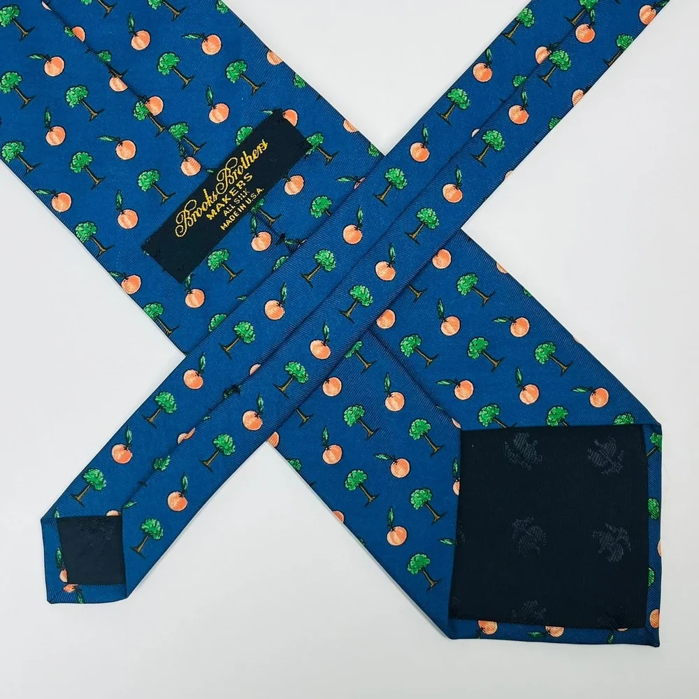 Brooks Brothers Necktie Mens OS Blue Peach Tree Silk‎ Novelty Print USA Made Tie